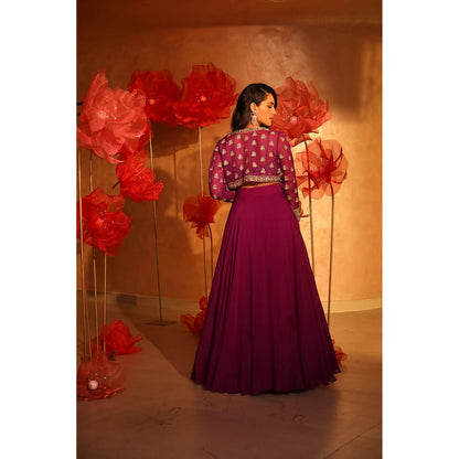 SWATHI VELDANDI Precious Purple Lehenga with Bustier and Embroided Jacket (Set of 3)
