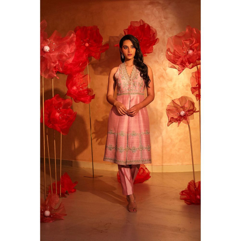 SWATHI VELDANDI Calming Cameo Pink Embroided Kurta with Pant (Set of 2)