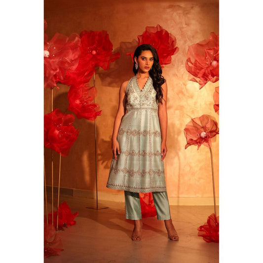SWATHI VELDANDI Calming Ice blue Embroided Kurta with Pant (Set of 2)