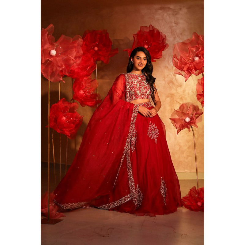 SWATHI VELDANDI Red Organza Lehenga with Blouse and Dupatta (Set of 3)