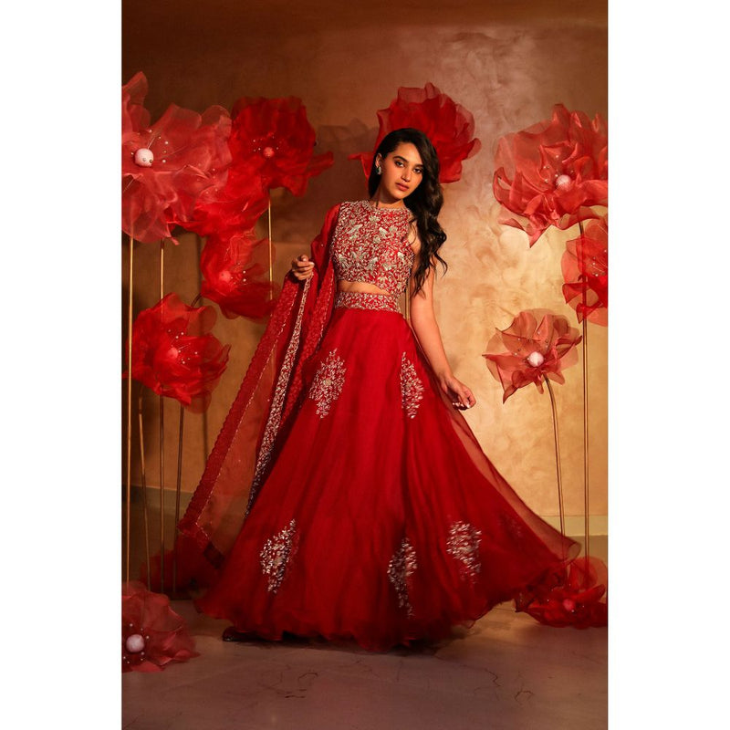 SWATHI VELDANDI Red Organza Lehenga with Blouse and Dupatta (Set of 3)