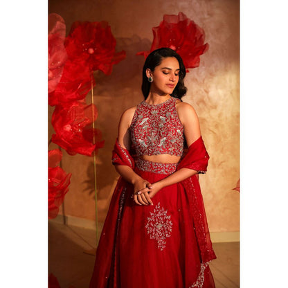 SWATHI VELDANDI Red Organza Lehenga with Blouse and Dupatta (Set of 3)