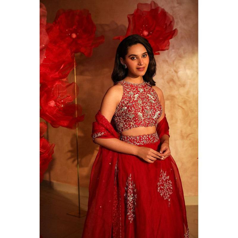 SWATHI VELDANDI Red Organza Lehenga with Blouse and Dupatta (Set of 3)