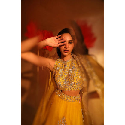 SWATHI VELDANDI Enchanting Yellow Lehenga with Blouse and Dupatta (Set of 3)