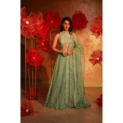 SWATHI VELDANDI Saccharine Sage Green Lehenga with Blouse and Dupatta (Set of 3)