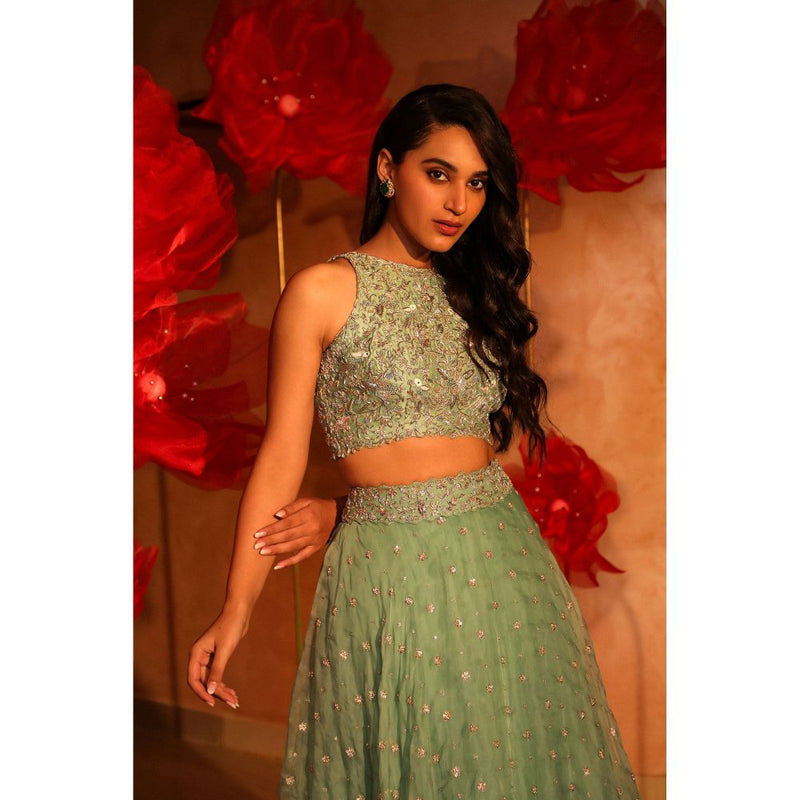 SWATHI VELDANDI Saccharine Sage Green Lehenga with Blouse and Dupatta (Set of 3)