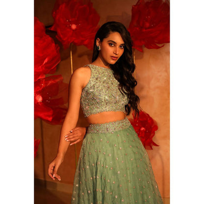 SWATHI VELDANDI Saccharine Sage Green Lehenga with Blouse and Dupatta (Set of 3)