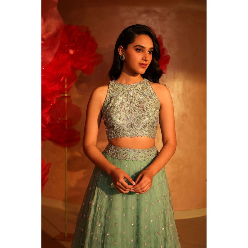 SWATHI VELDANDI Saccharine Sage Green Lehenga with Blouse and Dupatta (Set of 3)