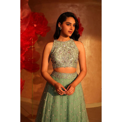 SWATHI VELDANDI Saccharine Sage Green Lehenga with Blouse and Dupatta (Set of 3)