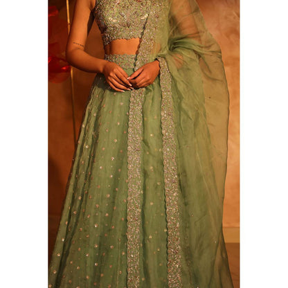 SWATHI VELDANDI Saccharine Sage Green Lehenga with Blouse and Dupatta (Set of 3)
