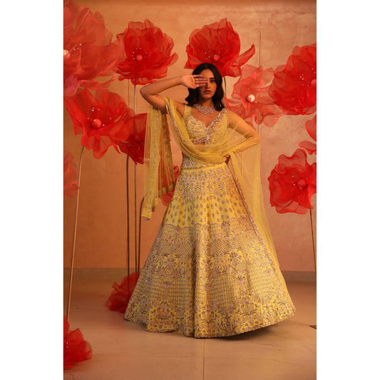SWATHI VELDANDI Ombre Yellow Lehenga with Blouse and Dupatta (Set of 3)