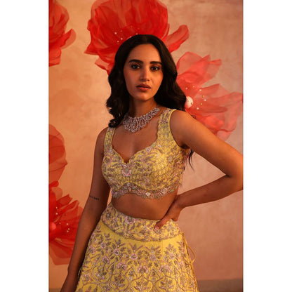 SWATHI VELDANDI Ombre Yellow Lehenga with Blouse and Dupatta (Set of 3)