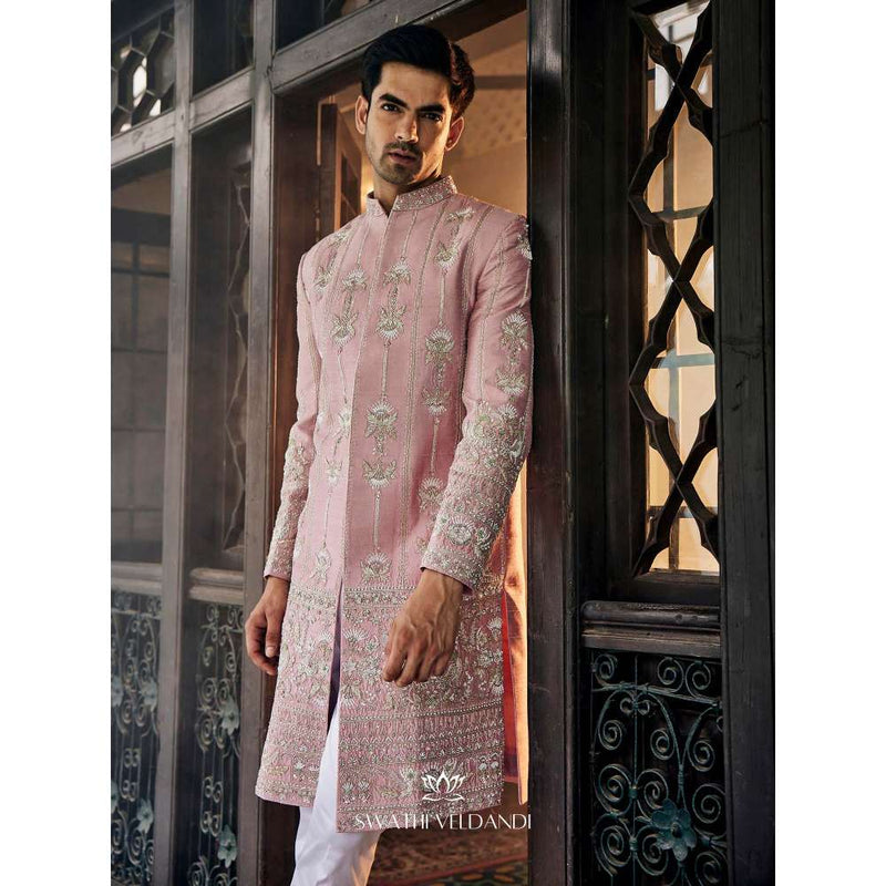 SWATHI VELDANDI Lemonade Pink Sherwani and Trouser (Set of 2)