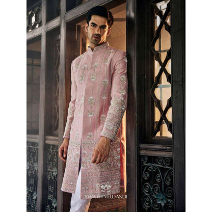 SWATHI VELDANDI Lemonade Pink Sherwani and Trouser (Set of 2)