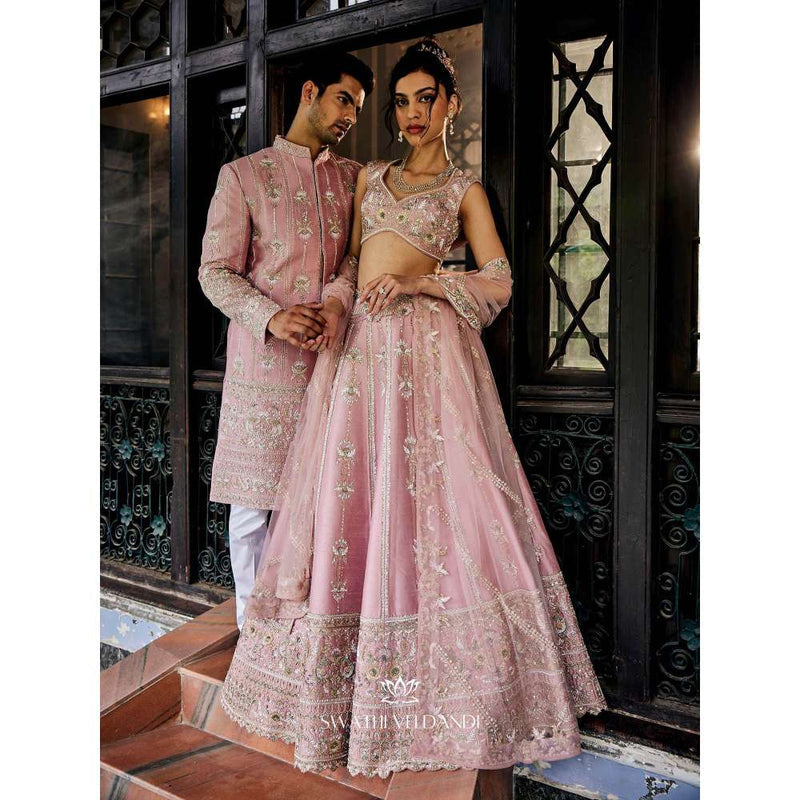 SWATHI VELDANDI Lemonade Pink Sherwani and Trouser (Set of 2)