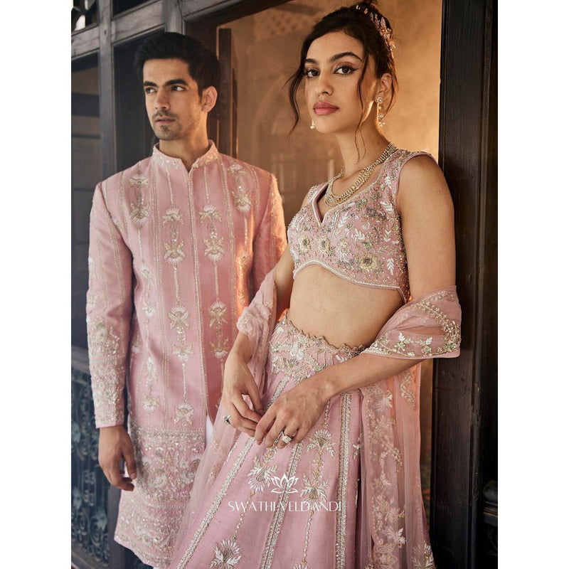 SWATHI VELDANDI Lemonade Pink Sherwani and Trouser (Set of 2)