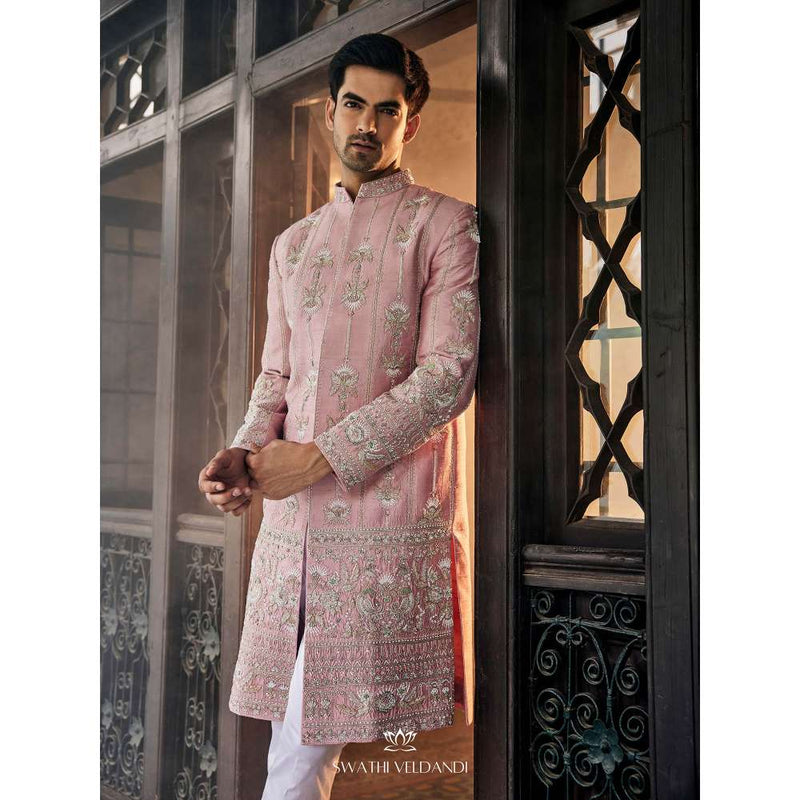 SWATHI VELDANDI Lemonade Pink Sherwani and Trouser (Set of 2)