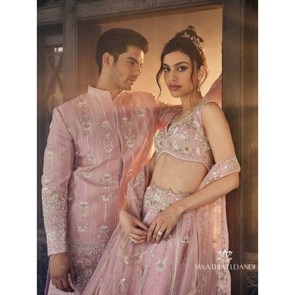 SWATHI VELDANDI Lemonade Pink Sherwani and Trouser (Set of 2)