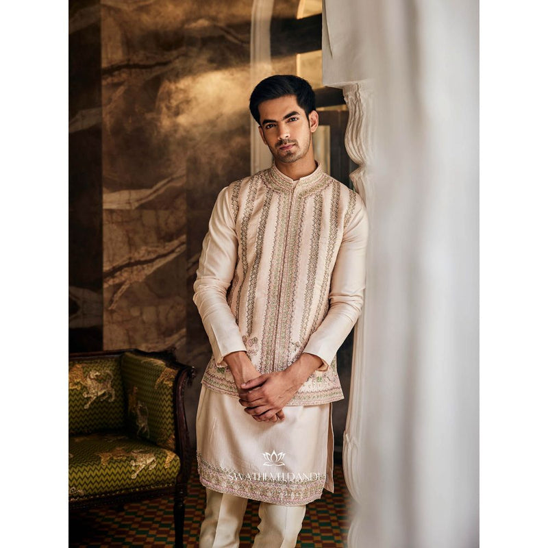SWATHI VELDANDI Heavenly Beige Embellished Nehru Jacket with Kurta and Pant (Set of 3)