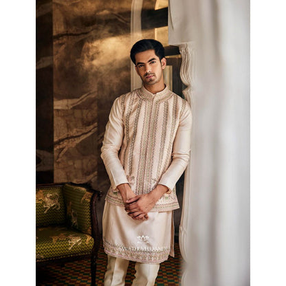 SWATHI VELDANDI Heavenly Beige Embellished Nehru Jacket with Kurta and Pant (Set of 3)