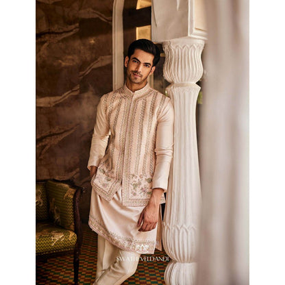SWATHI VELDANDI Heavenly Beige Embellished Nehru Jacket with Kurta and Pant (Set of 3)