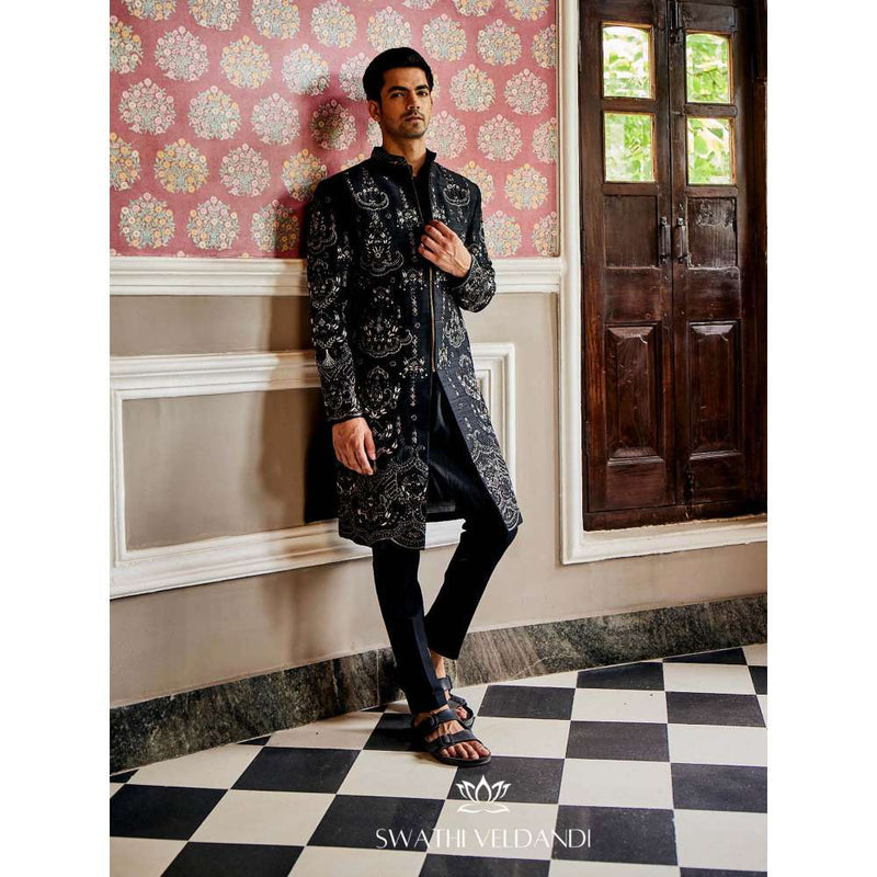 SWATHI VELDANDI Midnight Black Embellished Sherwani with Trouser and Dupatta (Set of 3)