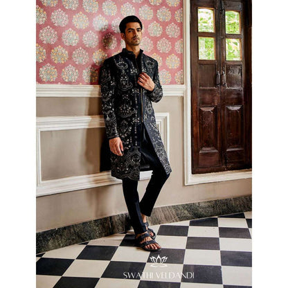SWATHI VELDANDI Midnight Black Embellished Sherwani with Trouser and Dupatta (Set of 3)