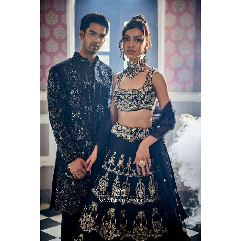 SWATHI VELDANDI Midnight Black Embellished Sherwani with Trouser and Dupatta (Set of 3)