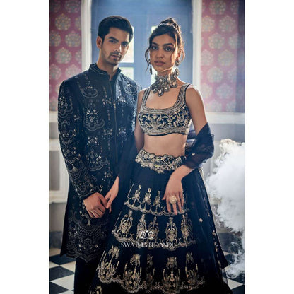 SWATHI VELDANDI Midnight Black Embellished Sherwani with Trouser and Dupatta (Set of 3)