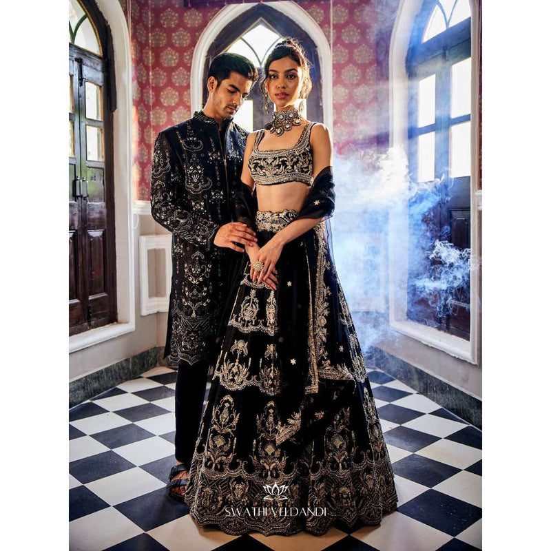 SWATHI VELDANDI Midnight Black Embellished Sherwani with Trouser and Dupatta (Set of 3)