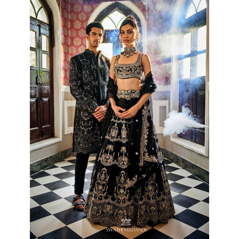 SWATHI VELDANDI Midnight Black Embellished Sherwani with Trouser and Dupatta (Set of 3)