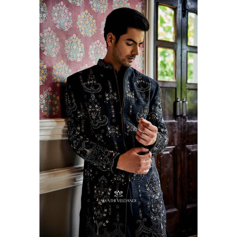 SWATHI VELDANDI Midnight Black Embellished Sherwani with Trouser and Dupatta (Set of 3)