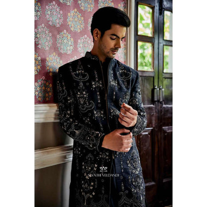 SWATHI VELDANDI Midnight Black Embellished Sherwani with Trouser and Dupatta (Set of 3)