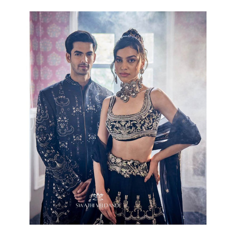 SWATHI VELDANDI Midnight Black Embellished Sherwani with Trouser and Dupatta (Set of 3)