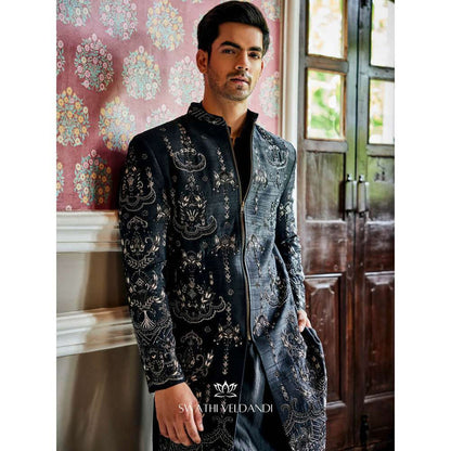 SWATHI VELDANDI Midnight Black Embellished Sherwani with Trouser and Dupatta (Set of 3)