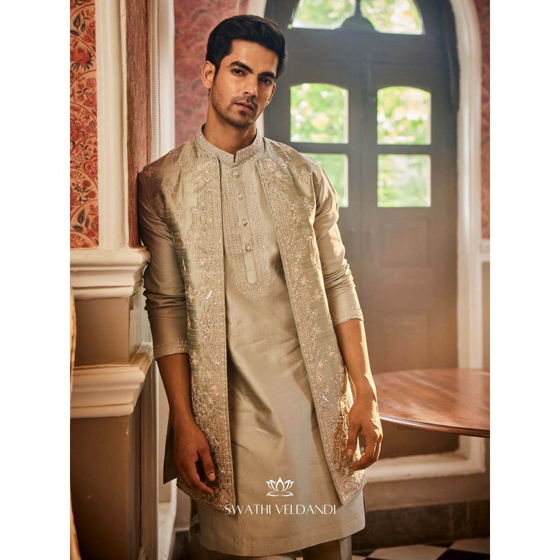 SWATHI VELDANDI Sage Taupe Embellished Nehru Jacket with Kurta and Pant (Set of 3)