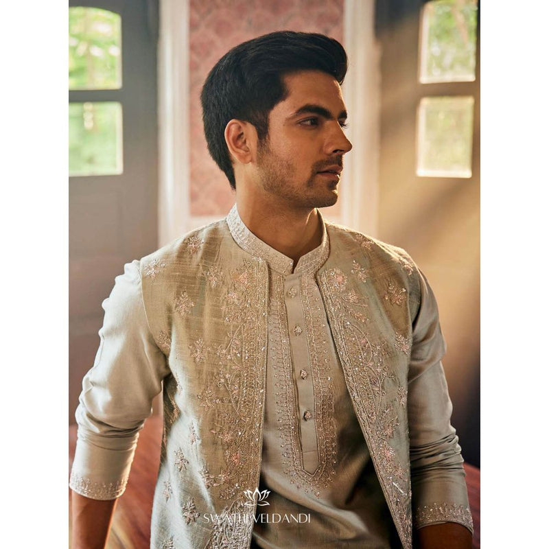 SWATHI VELDANDI Sage Taupe Embellished Nehru Jacket with Kurta and Pant (Set of 3)