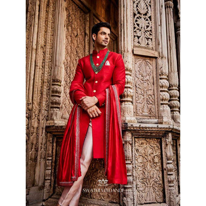 SWATHI VELDANDI Scarlet Red Embellished Sherwani with Trouser and Dupatta (Set of 3)