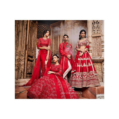 SWATHI VELDANDI Scarlet Red Embellished Sherwani with Trouser and Dupatta (Set of 3)