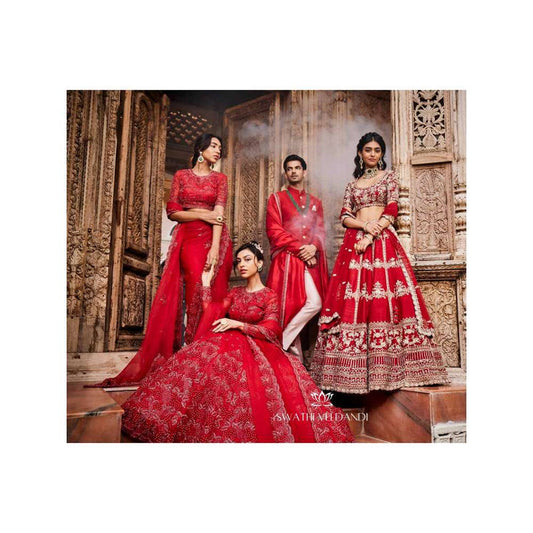 SWATHI VELDANDI Scarlet Red Embellished Sherwani with Trouser and Dupatta (Set of 3)