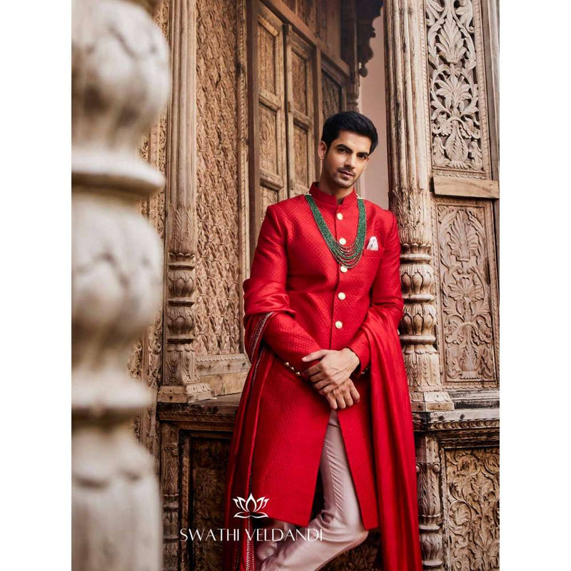 SWATHI VELDANDI Scarlet Red Embellished Sherwani with Trouser and Dupatta (Set of 3)