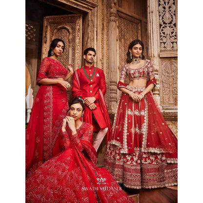 SWATHI VELDANDI Scarlet Red Embellished Sherwani with Trouser and Dupatta (Set of 3)