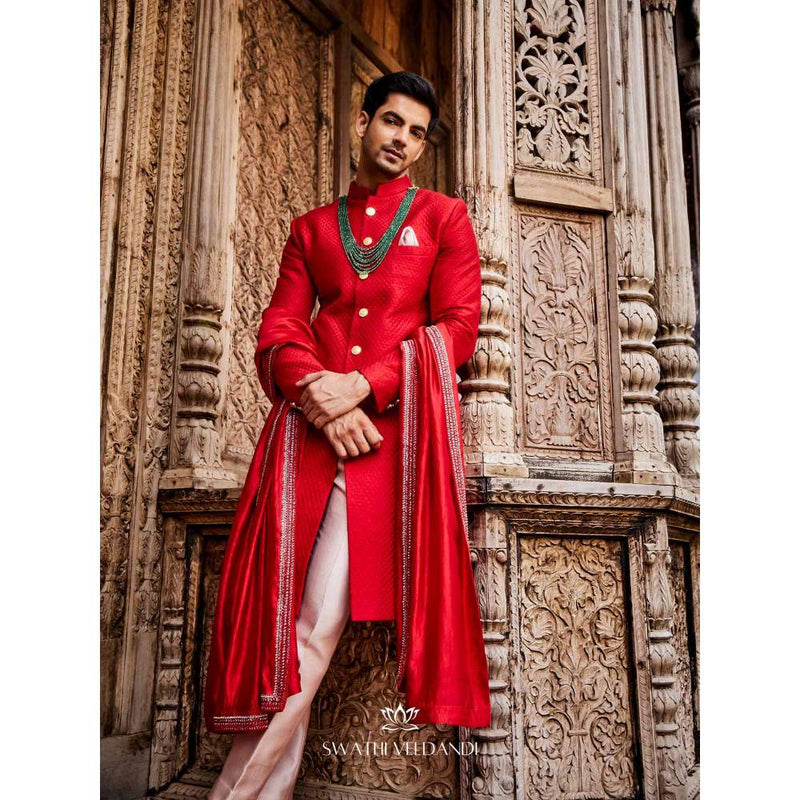 SWATHI VELDANDI Scarlet Red Embellished Sherwani with Trouser and Dupatta (Set of 3)