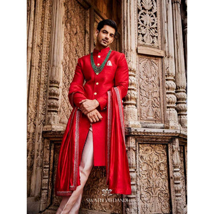 SWATHI VELDANDI Scarlet Red Embellished Sherwani with Trouser and Dupatta (Set of 3)