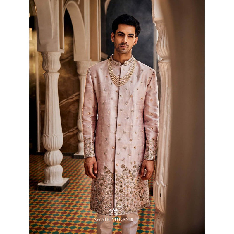 SWATHI VELDANDI Pink Embellished Sherwani with Trouser and Dupatta (Set of 2)