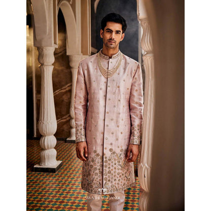 SWATHI VELDANDI Pink Embellished Sherwani with Trouser and Dupatta (Set of 2)