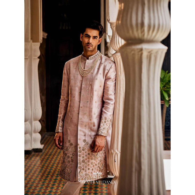 SWATHI VELDANDI Pink Embellished Sherwani with Trouser and Dupatta (Set of 2)