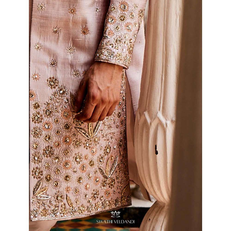 SWATHI VELDANDI Pink Embellished Sherwani with Trouser and Dupatta (Set of 2)