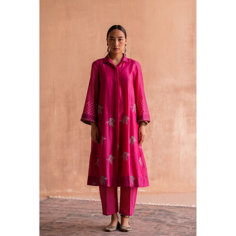 SWATTI KAPOOR Rani Pink Floral Printed Shirt Style Kurta