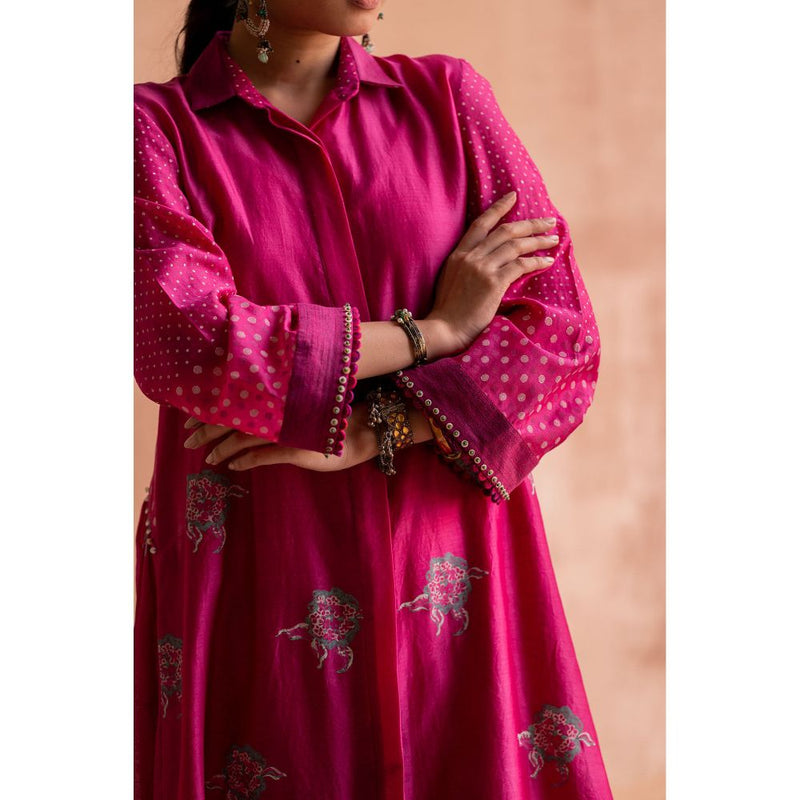 SWATTI KAPOOR Rani Pink Floral Printed Shirt Style Kurta